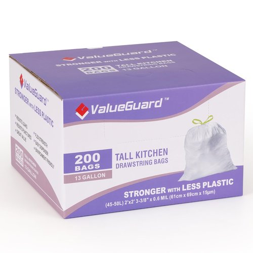 ValueGuard Trash Bags Garbage Bag 13 Gallon Drawstring Tall Waste Bag for Kitchen Office Party 0.6 Mil (200 Count)