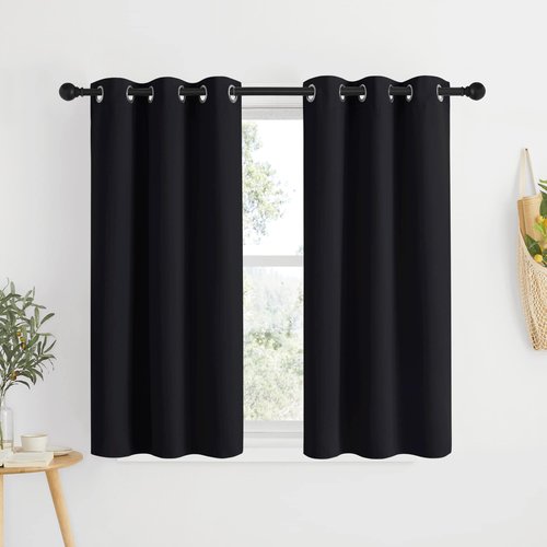 NICETOWN Bathroom Blackout Curtains and Drapes 48 inches Length, Black Solid Thermal Insulated Grommet Blackout Drapery Panels for Window (2 Panels, 34 inches Wide, Black)