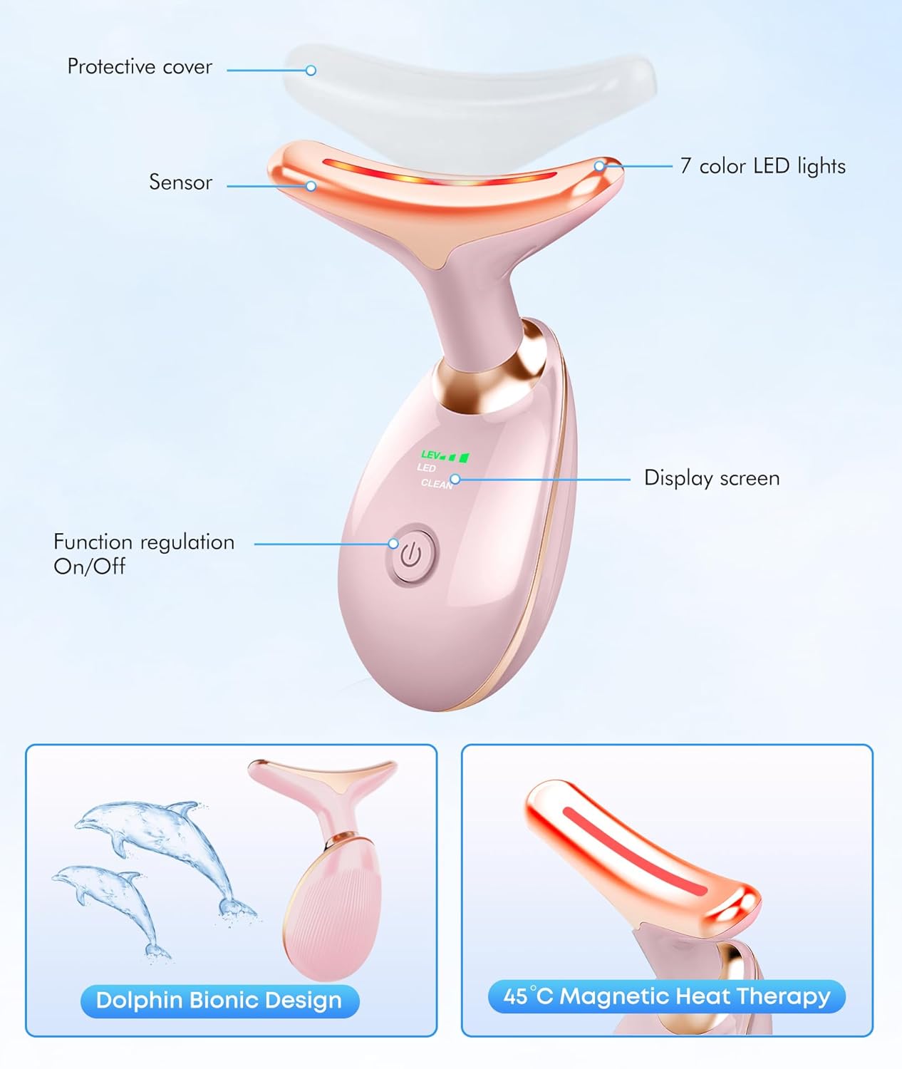 Skiennix Red Light Therapy Face Massager - 7 Color Tool for Wrinkles & Double Chin | Glossy Pink