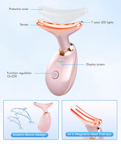 Skiennix Red Light Therapy Face Massager - 7 Color Tool for Wrinkles & Double Chin | Glossy Pink