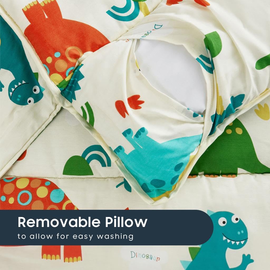 Wake In Cloud - Toddler Nap Mat with Pillow and Blanket, 100% Cotton Fabric, for Kids Boys Girls in Daycare Kindergarten Preschool, Roll Up Sleeping Bag, Dinosaur Cream, Extra Long