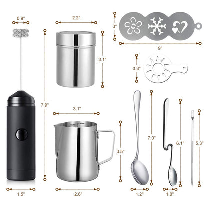 Milk Frother Handheld Coffee Art Set, Electric Coffee Frother with Milk Frother Pitcher, Powder Cocoa Shaker, Coffee Stencils, Coffee Spoons, Latte Art Pen