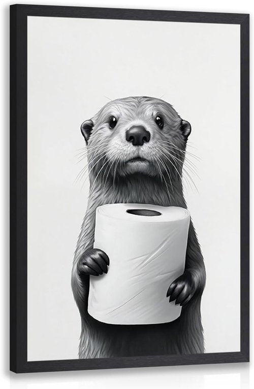 IAFWZX Funny Bathroom Wall Art - Black and White Otter Holding Toilet Paper | Cute Canvas Print 16"x24"