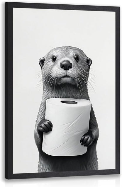 IAFWZX Funny Bathroom Wall Art - Black and White Otter Holding Toilet Paper | Cute Canvas Print 16"x24"
