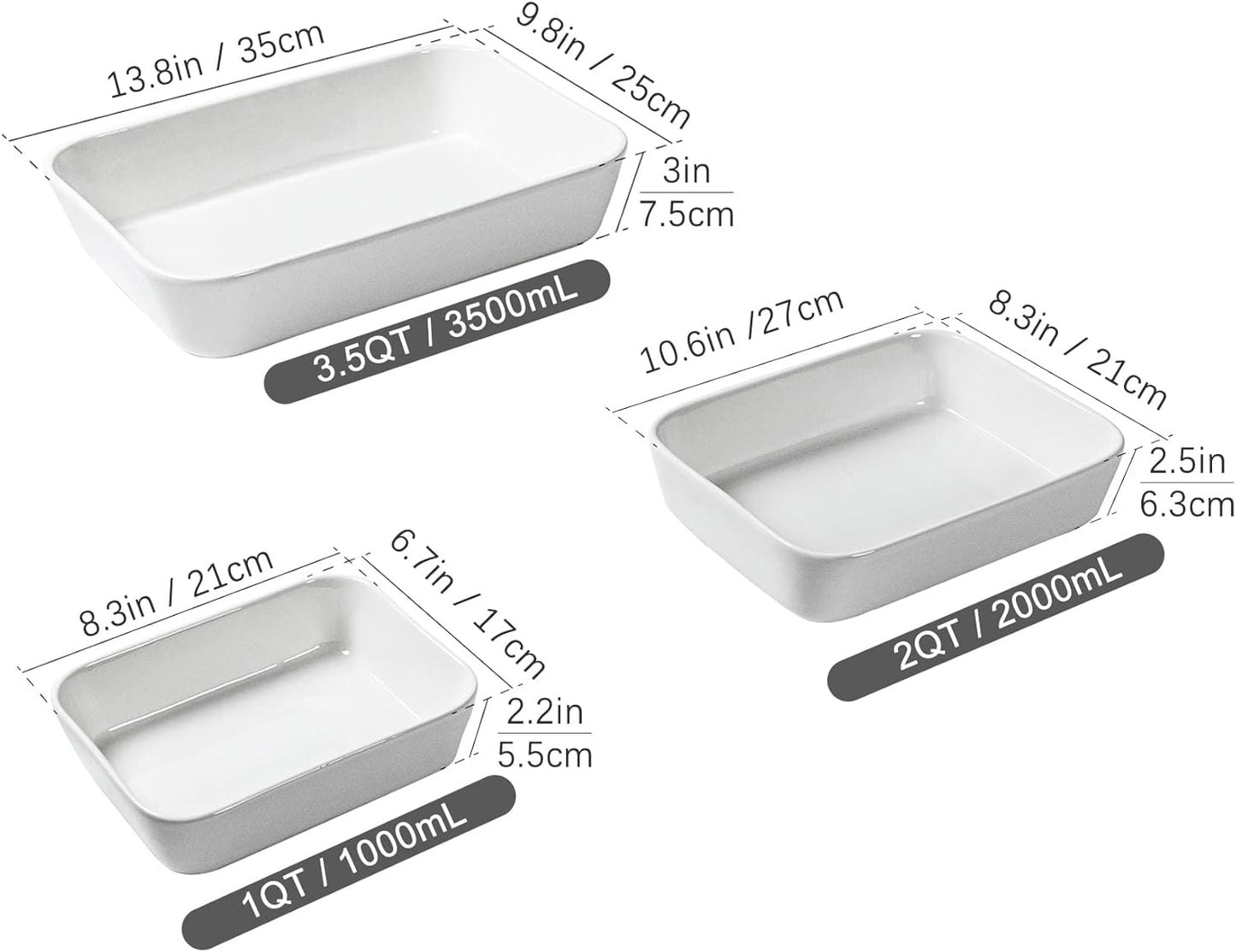 UNICASA Ceramic Oven Dishes - Set of 3 Rectangular Lasagne Dishes | Non-Stick Reactive Glaze, White