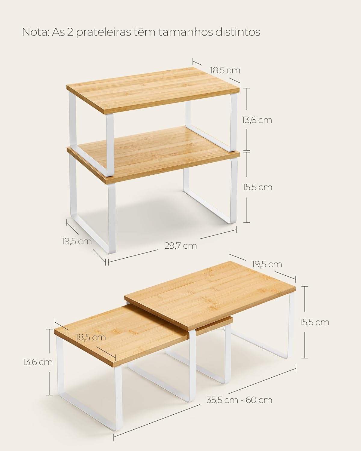 SONGMICS Kitchen Organizer Shelves - Set of 2 Stackable Spice Racks in Cloud White & Natural Beige
