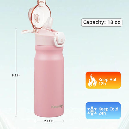 Skiennix Insulated Water Bottle - 18 oz Stainless Steel Flask with Straw & Carry Loop | Pink