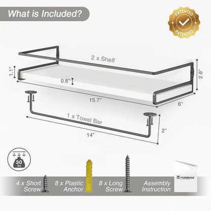 Forbena Floating Bathroom Shelves - Wall-Mounted Organizer with Towel Rack | Set of 2 (White-Dark Grey)