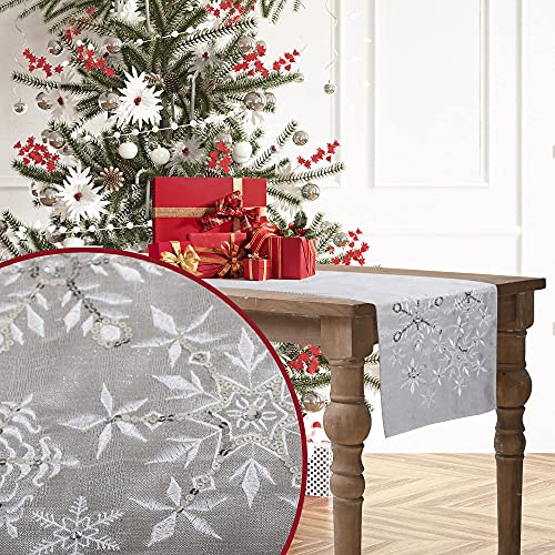 Christmas Snowflake Silver Grey Table Runner 14x70 Inch Embroidered Holiday Decor