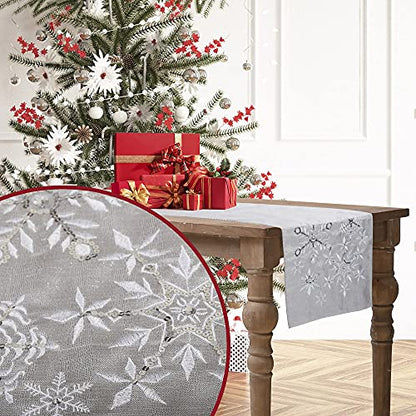 Christmas Snowflake Silver Grey Table Runner 14x70 Inch Embroidered Holiday Decor