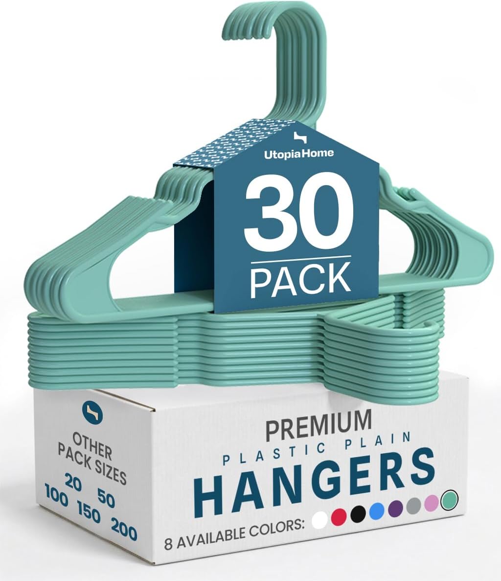 Utopia Home Plastic Hangers 30 Pack - Durable Space-Saving Clothes Hangers - Aqua Closet Organizers