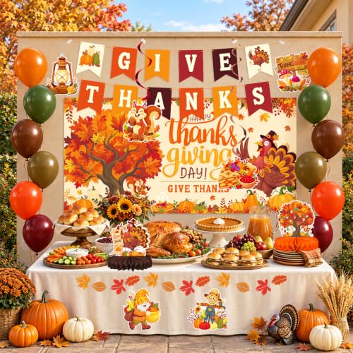 Thanksgiving Decorations Kit with Give Thanks Banner, Balloons & Backdrop - Fall Harvest Celebration Set