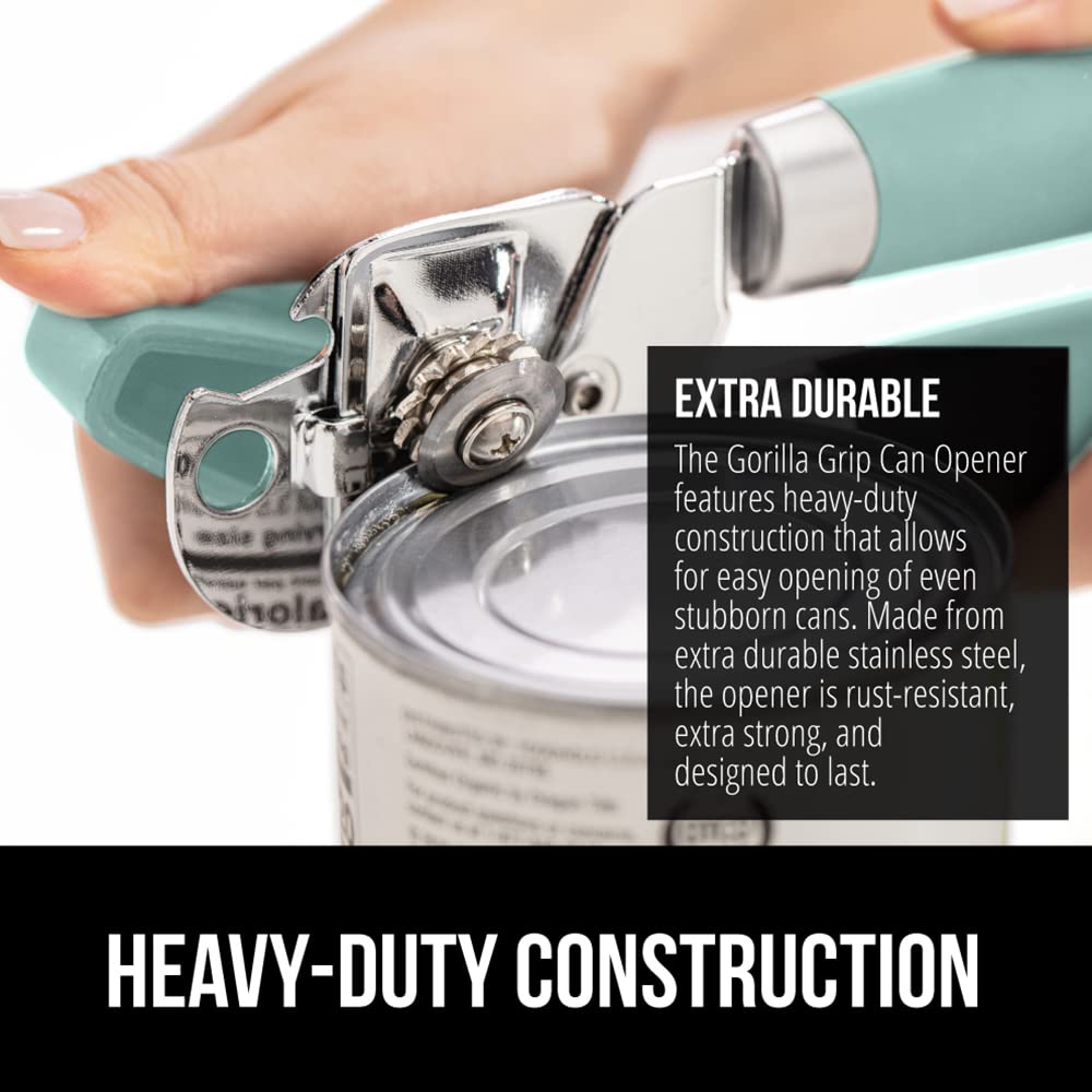 The Original Gorilla Grip Heavy Duty Stainless Steel Smooth Edge Manual Hand Held Can Opener With Soft Touch Handle, Rust Proof Oversized Handheld Easy Turn Knob, Large Lid Openers, Mint