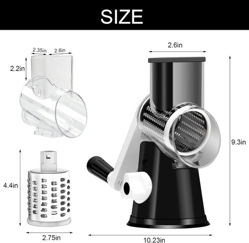 Cambom Rotary Cheese Grater - Hand Crank Shredder for Fresh Cheese & Vegetables | Non-Slip Base, Black
