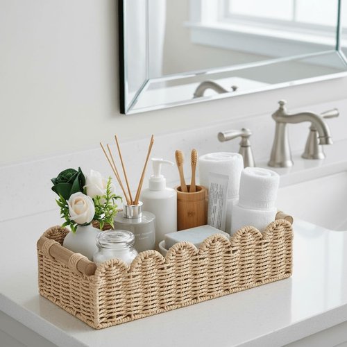 CubesLand Scalloped Edge Toilet Paper Storage Basket - Cozy Beige Home Decor with 2 Wooden Handles