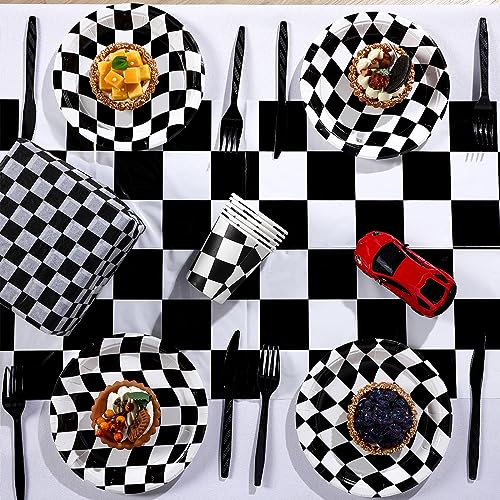 Preboun 3 Pcs Black White Checkered Plastic Table Runner 14x108 Inches - Racing Theme Party Supplies