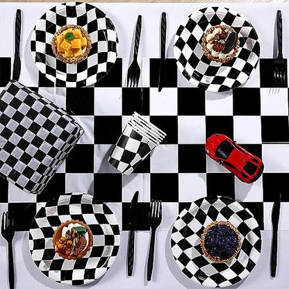 Preboun 3 Pcs Black White Checkered Plastic Table Runner 14x108 Inches - Racing Theme Party Supplies