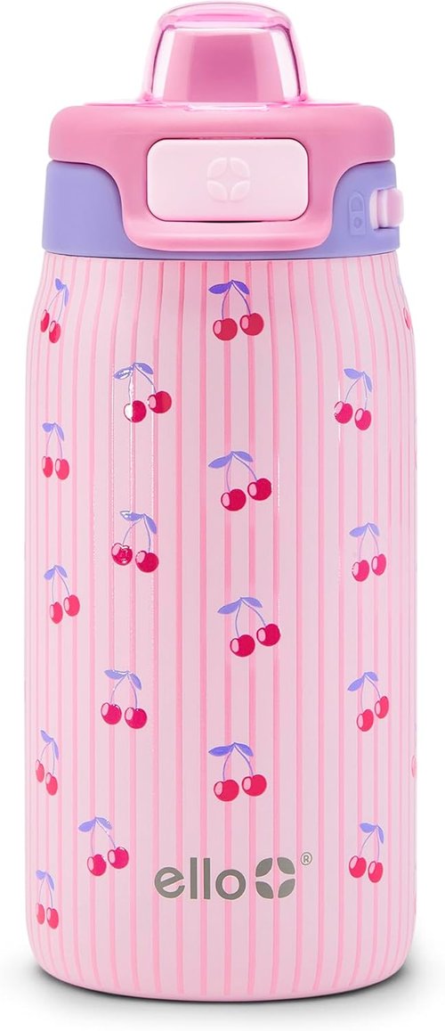 Ello Kids 12oz Pop & Fill Water Bottle - Quick Fill Lid, Double-Wall Insulated, Leak Proof, BPA Free | Preppy Cherries
