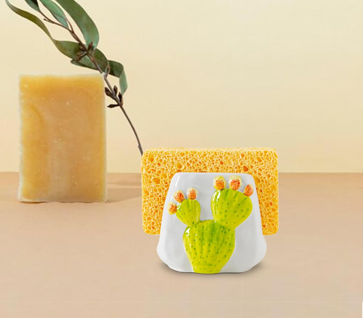 Skiennix Cactus Sponge Holder - Elegant White Ceramic Sink Caddy for Organized Kitchen
