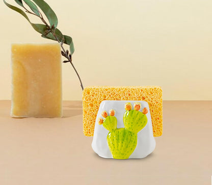 Skiennix Cactus Sponge Holder - Elegant White Ceramic Sink Caddy for Organized Kitchen