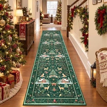 Green Christmas Runner Rug 2x10 Non Slip Washable Hallway Entryway