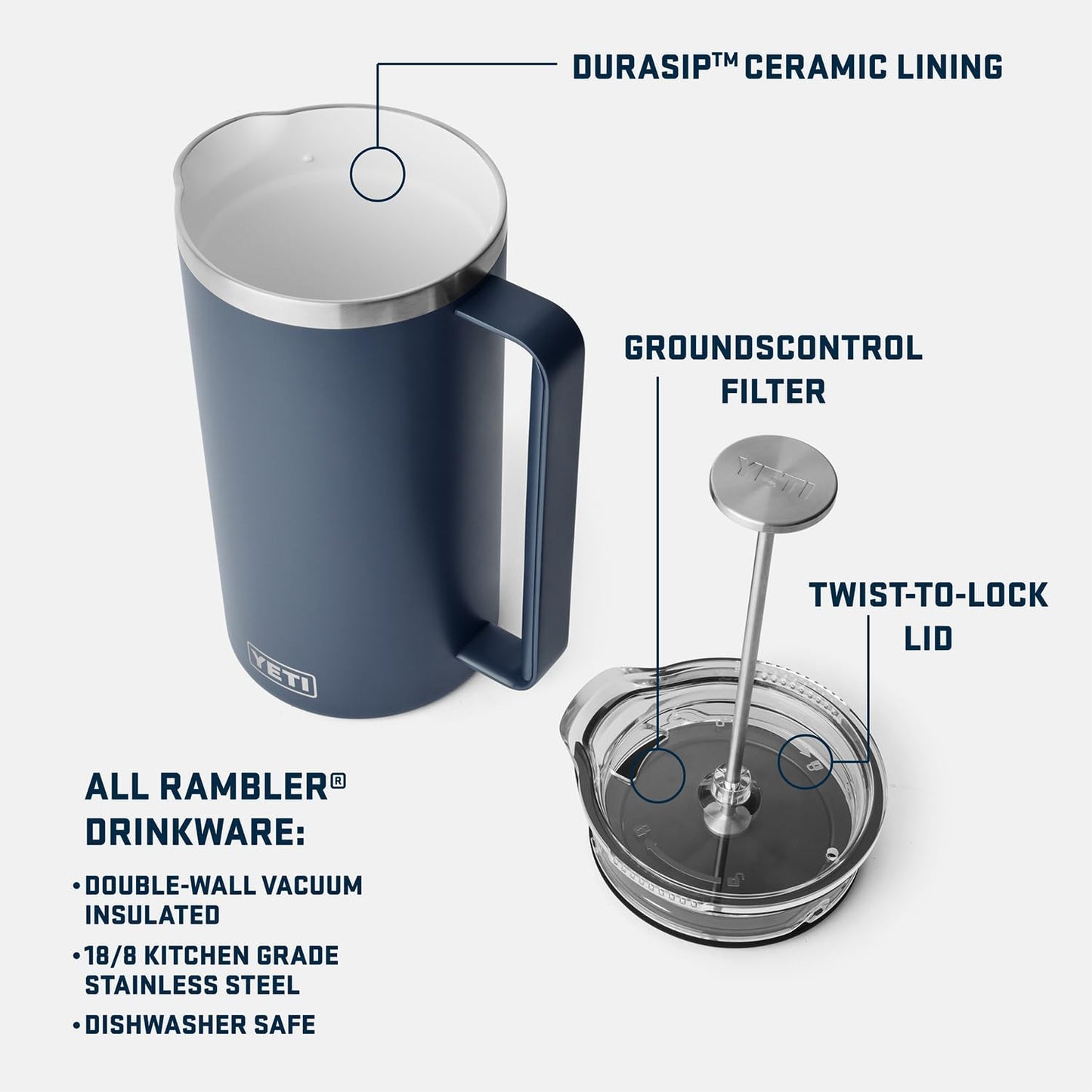 YETI Rambler 64 oz. French Press Coffee Maker - Durable Navy Design for Perfect Brews