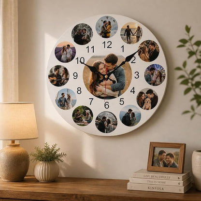 Photo Wall Clock - Personalized Wooden Round Clock (Variation Style03-13photos) – Custom Photo Gift