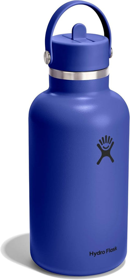 Hydro Flask Water Bottle - Insulated Stainless Steel - 64 Oz Capri Blue with Wide Straw Lid & Leakproof Design