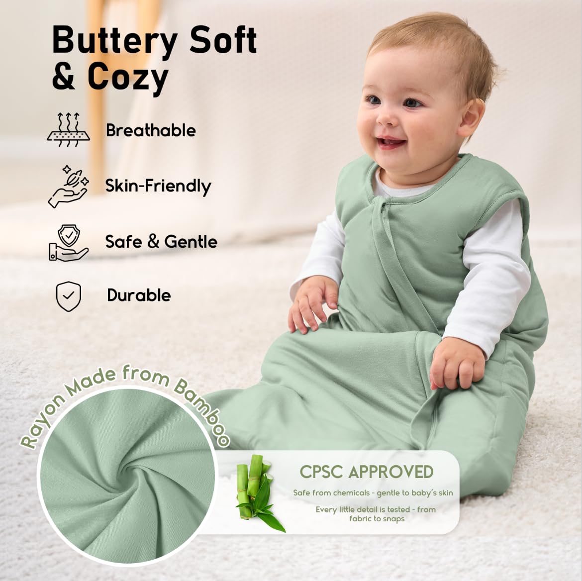 Yoofoss Baby Sleep Sack - Super Soft Rayon Made from Bamboo | 1.0 Tog, 6-12 Months, 2-Way Zipper