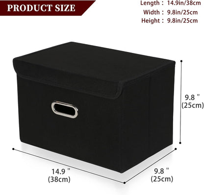 STOREONE Fabric Storage Cube Bins - Foldable Organizer with Lids & Metal Handles | Black, Set of 3