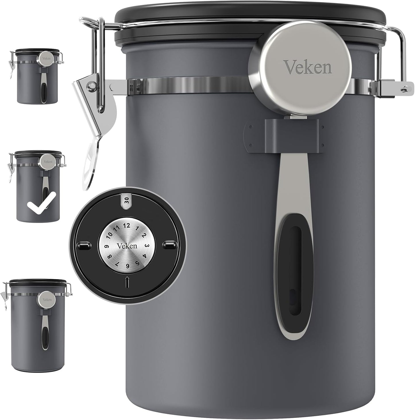 Veken Coffee Canister - Airtight Stainless Steel Storage Container with Date Tracker & Scoop | 22oz Gray