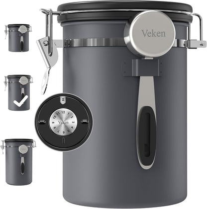 Veken Coffee Canister - Airtight Stainless Steel Storage Container with Date Tracker & Scoop | 22oz Gray