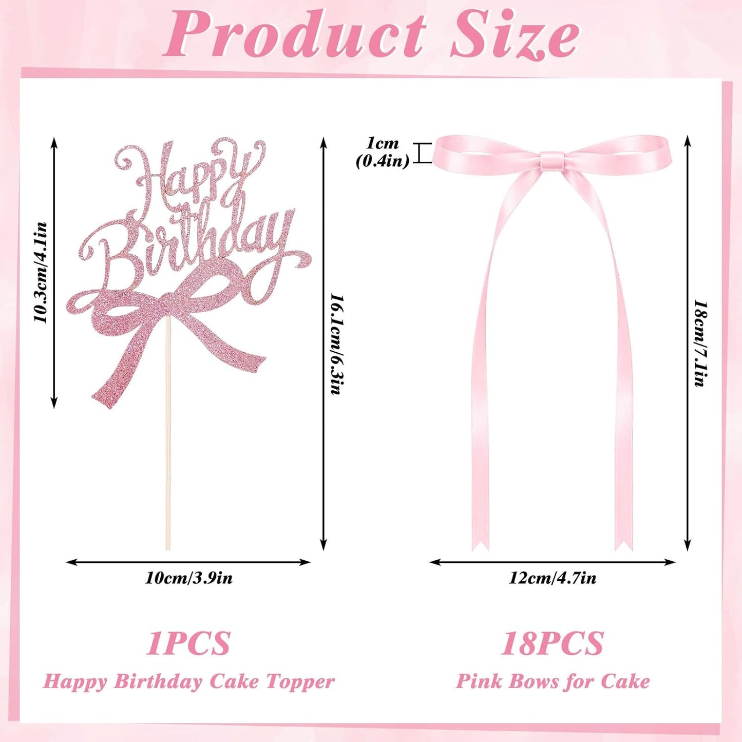 Skiennix Bow Cake Toppers - 18 PCS Pink Ribbon Bows with 1 Happy Birthday Topper | Perfect for Weddings & Showers