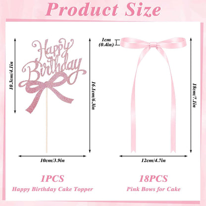 Skiennix Bow Cake Toppers - 18 PCS Pink Ribbon Bows with 1 Happy Birthday Topper | Perfect for Weddings & Showers