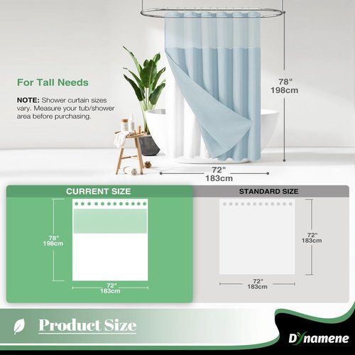 Dynamene 78 Inch Long Shower Curtain, Tall Waffle Fabric Shower Curtains for Bathroom, Hotel Waterproof Cloth Shower Curtain Liner Set with Hooks, Snap in Liner, Mesh Top Window, Fog Blue, 72x78