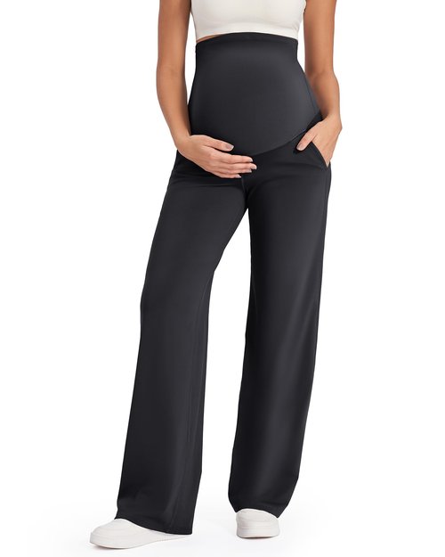 G4Free Maternity Pants with Pockets Over The Belly Pregnancy Leggings Wide Leg Yoga Pants for Business Casual (Black,M,Regular)