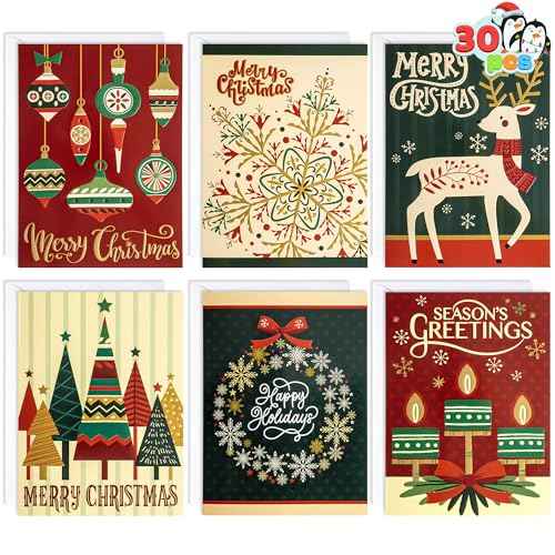 JOYIN 30 PCS Boxed Christmas Cards Assortment Elegant Icons With Envelopes, Diverse Festive 6 Designs for Winter Holiday Xmas Season Merry Christmas Cards, Present Giving, Wintertime Gifts