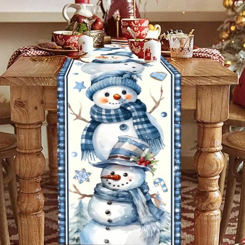 Blue Snowman 13x90 Inch Christmas Table Runner - Snowflake Decor