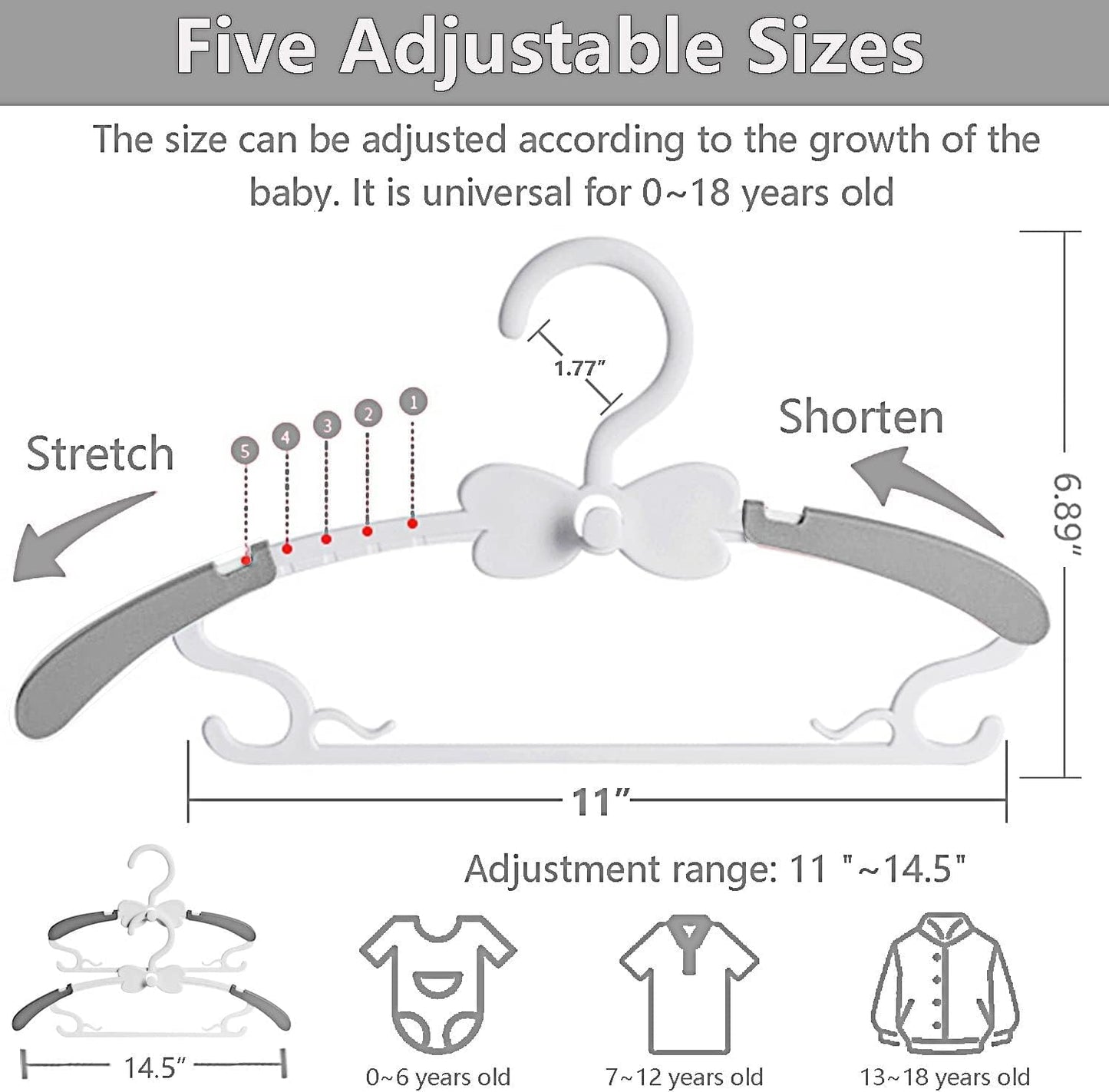 WJWSKI Kids Hangers - Adjustable Toddler Clothes Hangers for Nursery | 50 Pack, Grey