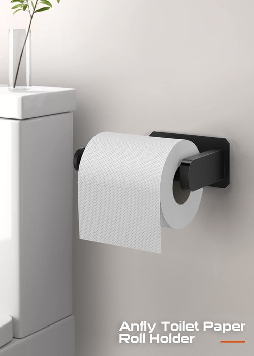 Anfly RV Toilet Paper Holder Camper,Self Adhesive Toilet Paper Holder with 2 Hanging Hooks for Campers, Bathroom, Kitchen and Bedroom,No Drill/Wall Mount, Black