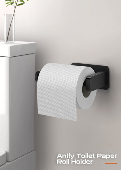 Anfly RV Toilet Paper Holder Camper,Self Adhesive Toilet Paper Holder with 2 Hanging Hooks for Campers, Bathroom, Kitchen and Bedroom,No Drill/Wall Mount, Black