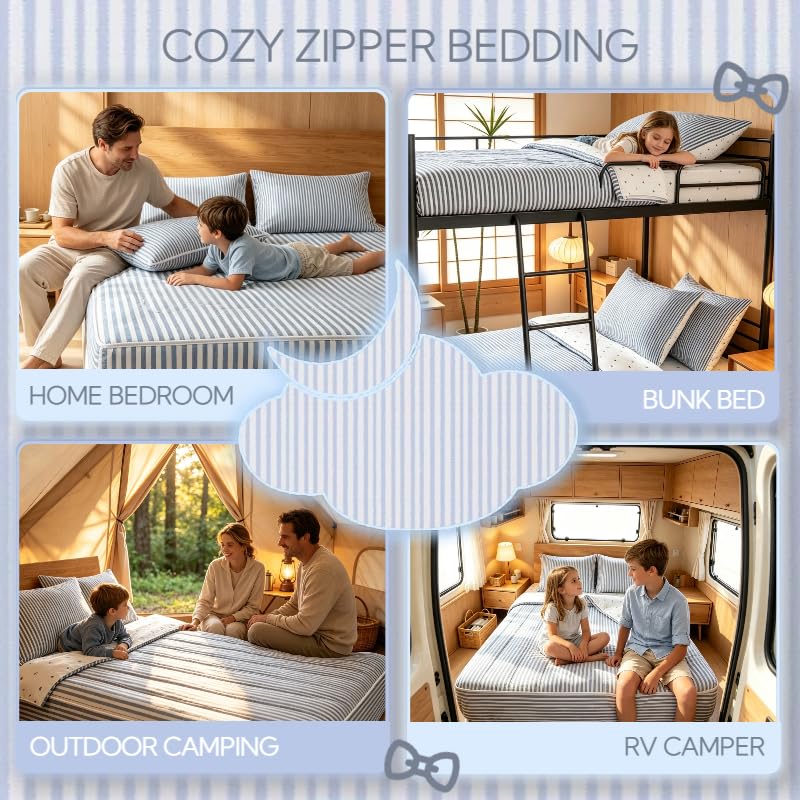 Blue Striped Zipper Bedding Set Twin - Modern Geometric Bed in a Bag
