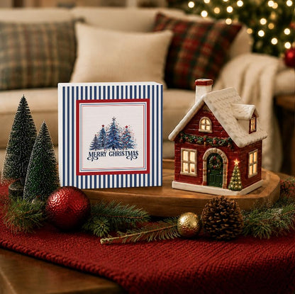Red, Blue & White Christmas Tree Wooden Sign - 5x5 Inch Holiday Decor - Blue & Red Variation