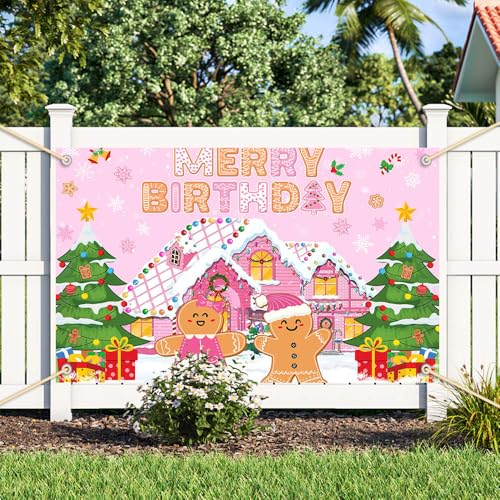 Pink Gingerbread Merry Birthday Banner Christmas Decoration Party Supplies