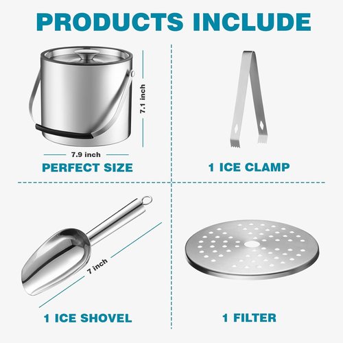 4L Ice Bucket with Lid, Scoop, Tongs and Strainer, Double Wall Stainless Steel Ice Buckets for Parties, Cocktail Bar, Chilling Wine, Champagne, Large Outdoor Champagne Ice Container