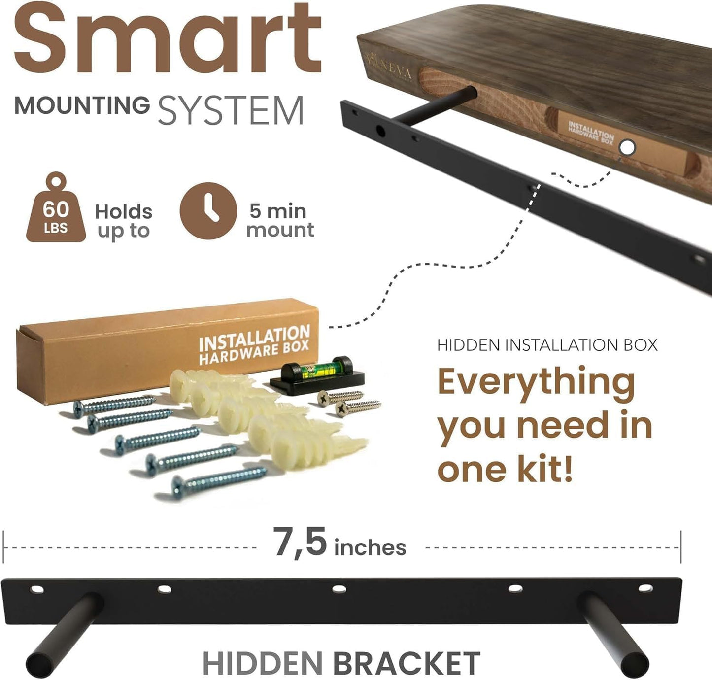 Wood Floating Shelves - 16 Inch Set of 2 | Stylish Bathroom & Bedroom Wall Storage - American Walnut Finish