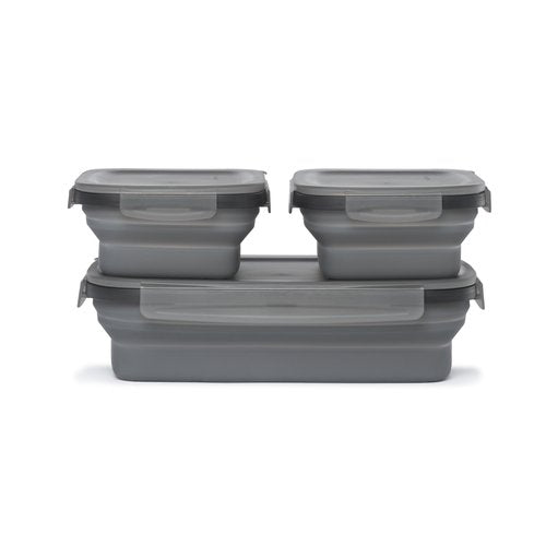 Drip EZ Secondz Collapsible Food Storage Containers (set of 3) - Meal Prep, Leftovers, Lunch, Camping, Hiking - Dishwasher & Microwave Safe - BPA-free Silicone - Locking Lids - Charcoal