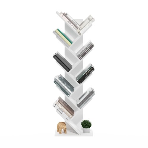 Furinno TREE Book Shelf, 9-Tier Bookshelf, Tree Bookcase with Angled Open Shelf, 8.4 x 15.7 x 50.9, for Room Decor, for Living Room, Bedroom, Home Office, White