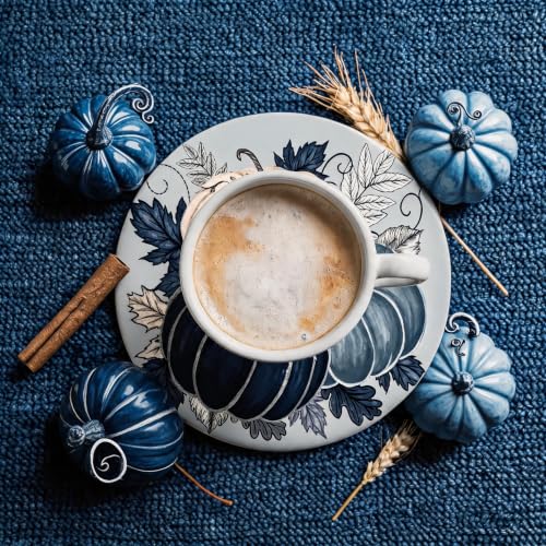 Fall Ceramic Drink Coasters Set - Blue Pumpkin Leaves Decor, 4 Pieces