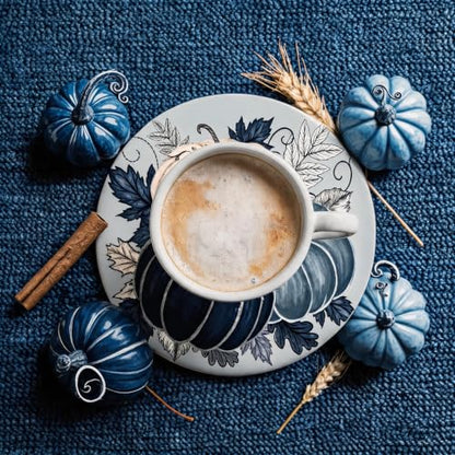 Fall Ceramic Drink Coasters Set - Blue Pumpkin Leaves Decor, 4 Pieces